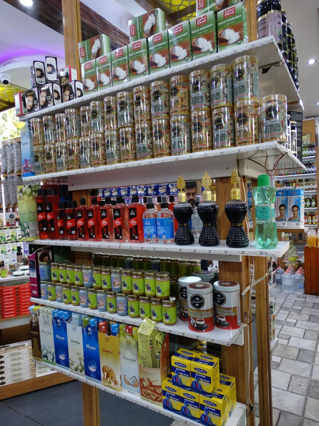 Herbalist shelf: henna, incense, soap and cologne varieties